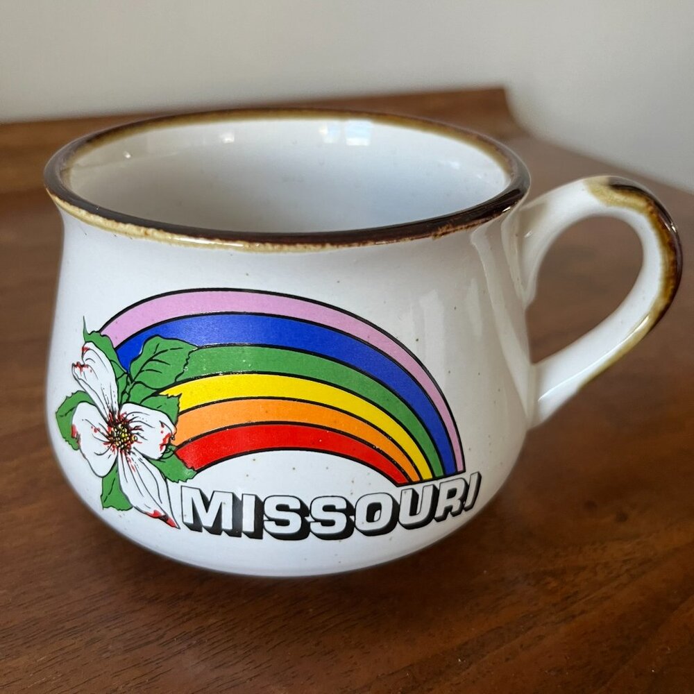 Vintage Missouri Rainbow Soup Mug Speckled Stoneware State Souvenir Cup Flower